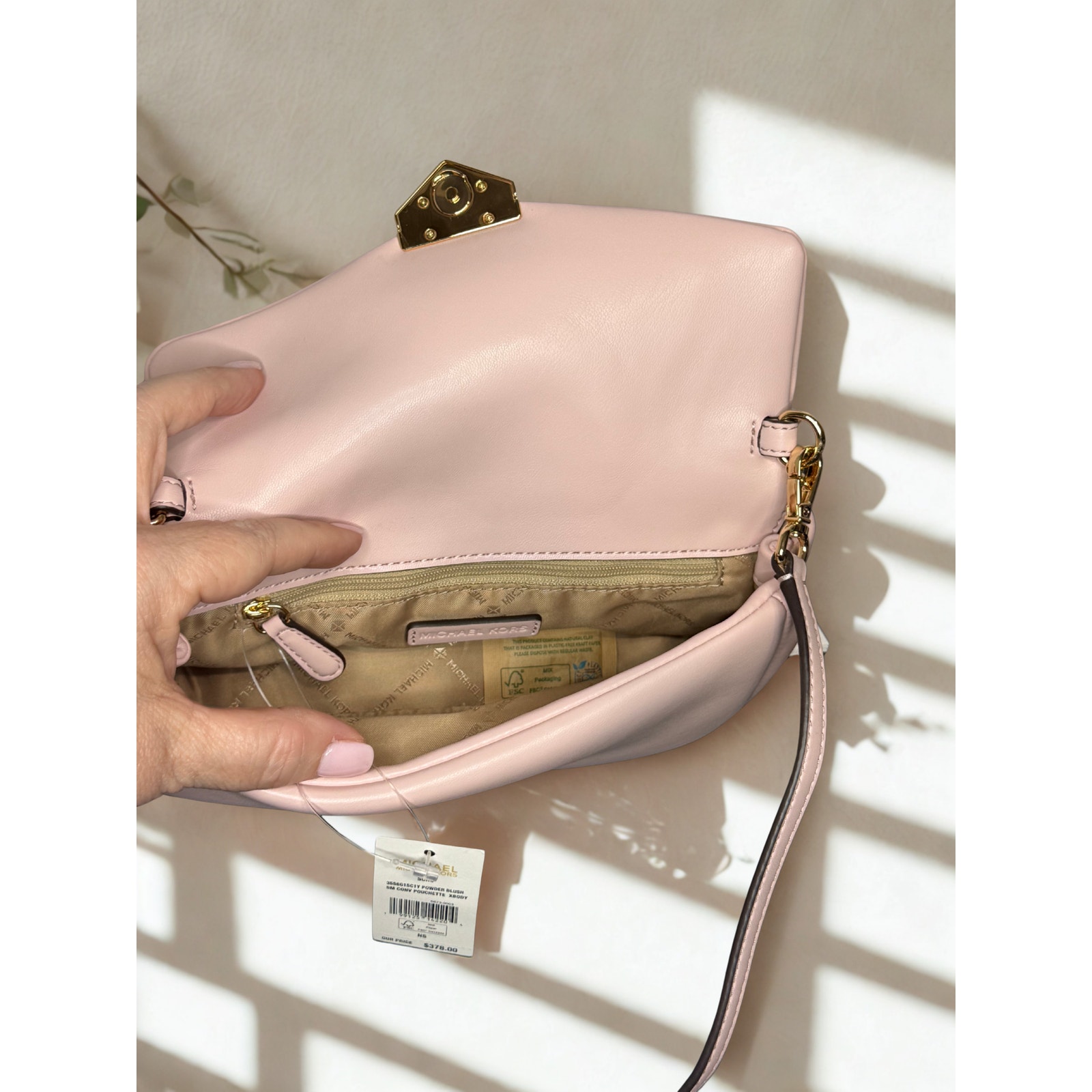 Michael Kors Soho Small Pouchette Crossbody Powder Blush Gold Chain Nwt
